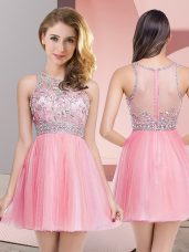 Custom Designed Rose Pink Sleeveless Mini Length Beading Zipper Dress for Prom