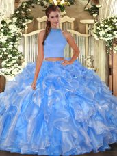 Baby Blue Organza Backless Halter Top Sleeveless Floor Length Sweet 16 Dresses Beading and Ruffles