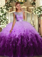 Sleeveless Tulle Floor Length Backless Quinceanera Dresses in Multi-color with Beading and Appliques and Ruffles