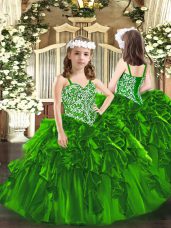 Floor Length Lace Up Little Girls Pageant Gowns Green for Party and Quinceanera with Beading and Ruffles