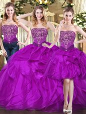 Modest Floor Length Fuchsia Quince Ball Gowns Tulle Sleeveless Beading and Ruffles