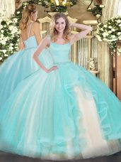 Floor Length Zipper Quinceanera Gowns Aqua Blue for Military Ball and Sweet 16 and Quinceanera with Beading