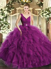 Designer Sleeveless Organza Floor Length Backless Quinceanera Gown in Fuchsia with Beading