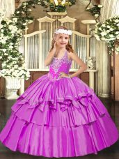 Excellent Sleeveless Organza Floor Length Lace Up Pageant Gowns For Girls in Lilac with Beading and Ruffled Layers