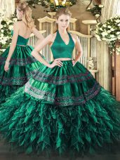 Floor Length Zipper 15 Quinceanera Dress Dark Green for Military Ball and Sweet 16 and Quinceanera with Appliques and Ruffles