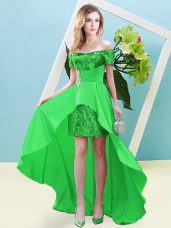 Flare Green Empire Beading Dress for Prom Lace Up Elastic Woven Satin and Sequined Short Sleeves High Low