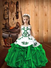 Nice Straps Sleeveless Little Girl Pageant Gowns Floor Length Embroidery and Ruffles Green Organza