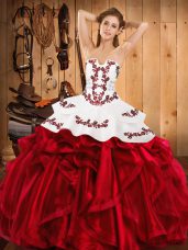 Sexy Wine Red Sweet 16 Dress Military Ball and Sweet 16 and Quinceanera with Embroidery and Ruffles Strapless Sleeveless Lace Up