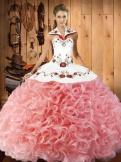 Cute Watermelon Red Sleeveless Floor Length Embroidery Lace Up Quince Ball Gowns