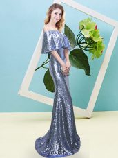 Stunning Blue Half Sleeves Floor Length Sequins Zipper Prom Dresses