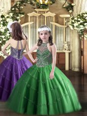 Great Sleeveless Tulle Floor Length Lace Up Casual Dresses in Green with Beading