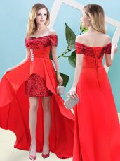 Off The Shoulder Short Sleeves Elastic Woven Satin and Sequined Prom Dresses Beading Lace Up