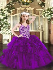 Best Purple Lace Up Straps Beading and Ruffles Little Girls Pageant Dress Wholesale Organza Sleeveless