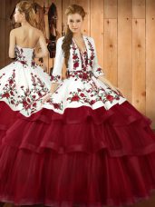 Sleeveless Embroidery Lace Up 15th Birthday Dress with Wine Red Sweep Train