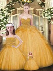 Amazing Sweetheart Sleeveless Lace Up Ball Gown Prom Dress Gold Tulle