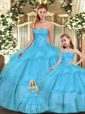 Aqua Blue Sweetheart Neckline Beading and Ruffled Layers Quinceanera Dresses Sleeveless Lace Up