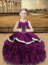 Beading and Ruffles Little Girl Pageant Gowns Purple Lace Up Sleeveless Floor Length