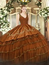 Rust Red Backless V-neck Beading and Lace and Embroidery and Ruffled Layers Sweet 16 Quinceanera Dress Organza and Taffeta Sleeveless