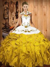 Fashionable Gold Sleeveless Embroidery and Ruffles Floor Length Quinceanera Dresses