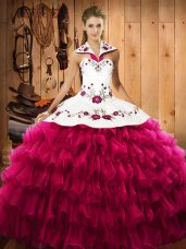 Wonderful Satin and Organza Halter Top Sleeveless Lace Up Embroidery and Ruffled Layers Quinceanera Gown in Fuchsia