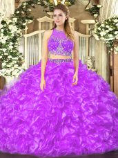 Lilac Zipper Scoop Beading and Ruffles Quince Ball Gowns Organza Sleeveless