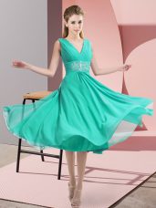 Sophisticated Teal Empire Beading Dama Dress for Quinceanera Side Zipper Chiffon Sleeveless Knee Length