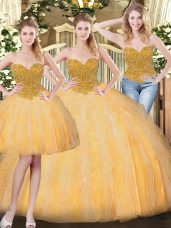 Captivating Gold Tulle Lace Up Sweet 16 Dresses Sleeveless Floor Length Beading and Ruffles