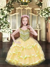 Fancy Gold Sleeveless Beading and Ruffled Layers Floor Length Little Girl Pageant Gowns