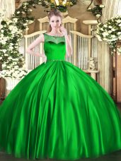 Green Ball Gowns Scoop Sleeveless Satin Floor Length Zipper Beading Quinceanera Gown