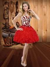 Stunning Red Organza Lace Up Sweetheart Sleeveless Mini Length Homecoming Dress Embroidery and Ruffles