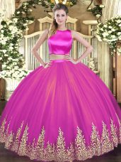 Glorious High-neck Sleeveless Criss Cross Sweet 16 Dress Fuchsia Tulle