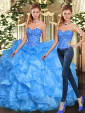 Discount Sleeveless Organza Floor Length Lace Up Vestidos de Quinceanera in Baby Blue with Beading and Ruffles