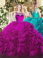 Fabric With Rolling Flowers Scoop Sleeveless Zipper Beading Ball Gown Prom Dress in Fuchsia