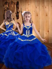 Royal Blue Lace Up Little Girls Pageant Gowns Embroidery Sleeveless Floor Length