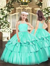 New Style Beading and Lace Party Dress for Toddlers Turquoise Zipper Sleeveless Floor Length
