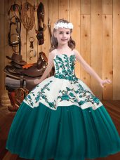 Straps Sleeveless Party Dress for Girls Floor Length Embroidery Teal Tulle