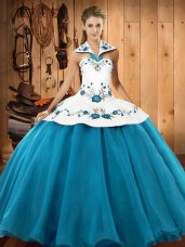 Admirable Sleeveless Satin and Tulle Floor Length Lace Up Sweet 16 Dresses in Teal with Embroidery