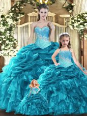 Clearance Sleeveless Floor Length Beading and Ruffles and Ruching and Pick Ups Lace Up Sweet 16 Dress with Teal