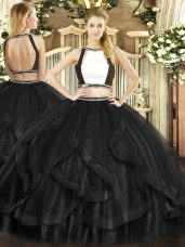 Floor Length Backless Quinceanera Gown Black and In with Ruffles