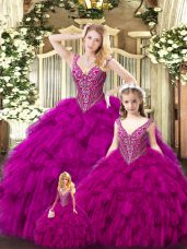 Red Tulle Lace Up Straps Sleeveless Floor Length Sweet 16 Quinceanera Dress Beading and Ruffles