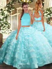 Aqua Blue Organza Backless Quinceanera Gowns Sleeveless Floor Length Beading and Ruffled Layers