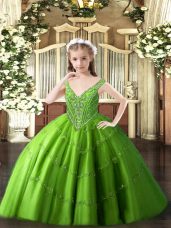 Green Ball Gowns Beading and Appliques Kids Formal Wear Lace Up Tulle Sleeveless Floor Length