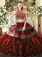 High-neck Sleeveless Tulle Quinceanera Gowns Beading and Ruffles Zipper