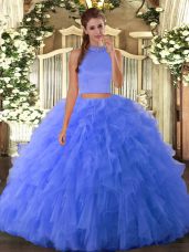 High Class Halter Top Sleeveless Quince Ball Gowns Floor Length Beading and Ruffles Blue Tulle