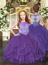 Purple Kids Formal Wear Party and Quinceanera with Beading and Ruffles Scoop Sleeveless Zipper
