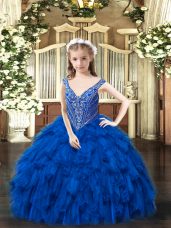 Royal Blue Lace Up V-neck Beading and Ruffles Little Girl Pageant Dress Organza Sleeveless