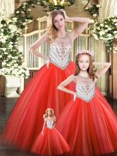 Scoop Sleeveless Lace Up 15th Birthday Dress Red Tulle