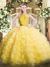 Yellow Ball Gowns Organza Scoop Sleeveless Ruffled Layers Floor Length Zipper Quinceanera Gown