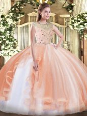 Latest Floor Length Zipper 15 Quinceanera Dress Peach for Military Ball and Sweet 16 and Quinceanera with Beading and Ruffles