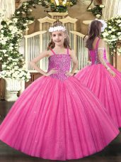 Enchanting Hot Pink Kids Formal Wear Party and Quinceanera with Beading Straps Sleeveless Lace Up
